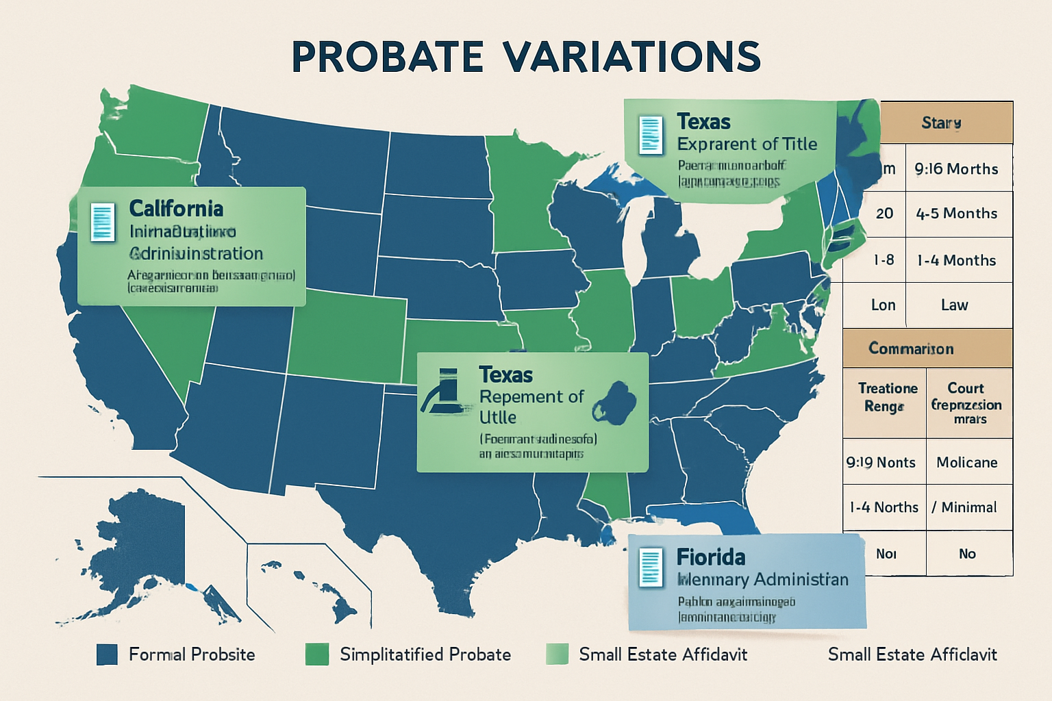 Comprehensive landscape image (1536x1024) displaying detailed US map with state-by-state probate variations illustrated through color-coded 