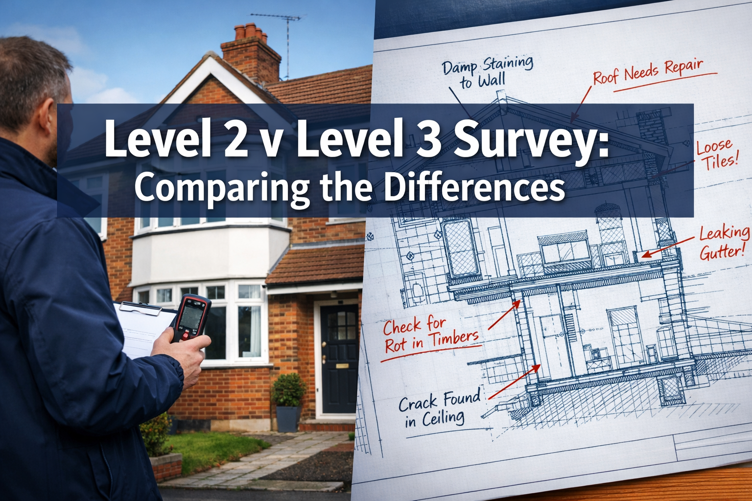 Professional landscape hero image (1536x1024) featuring bold text overlay 'Level 2 v Level 3 Survey: Comparing the Differences' in extra lar