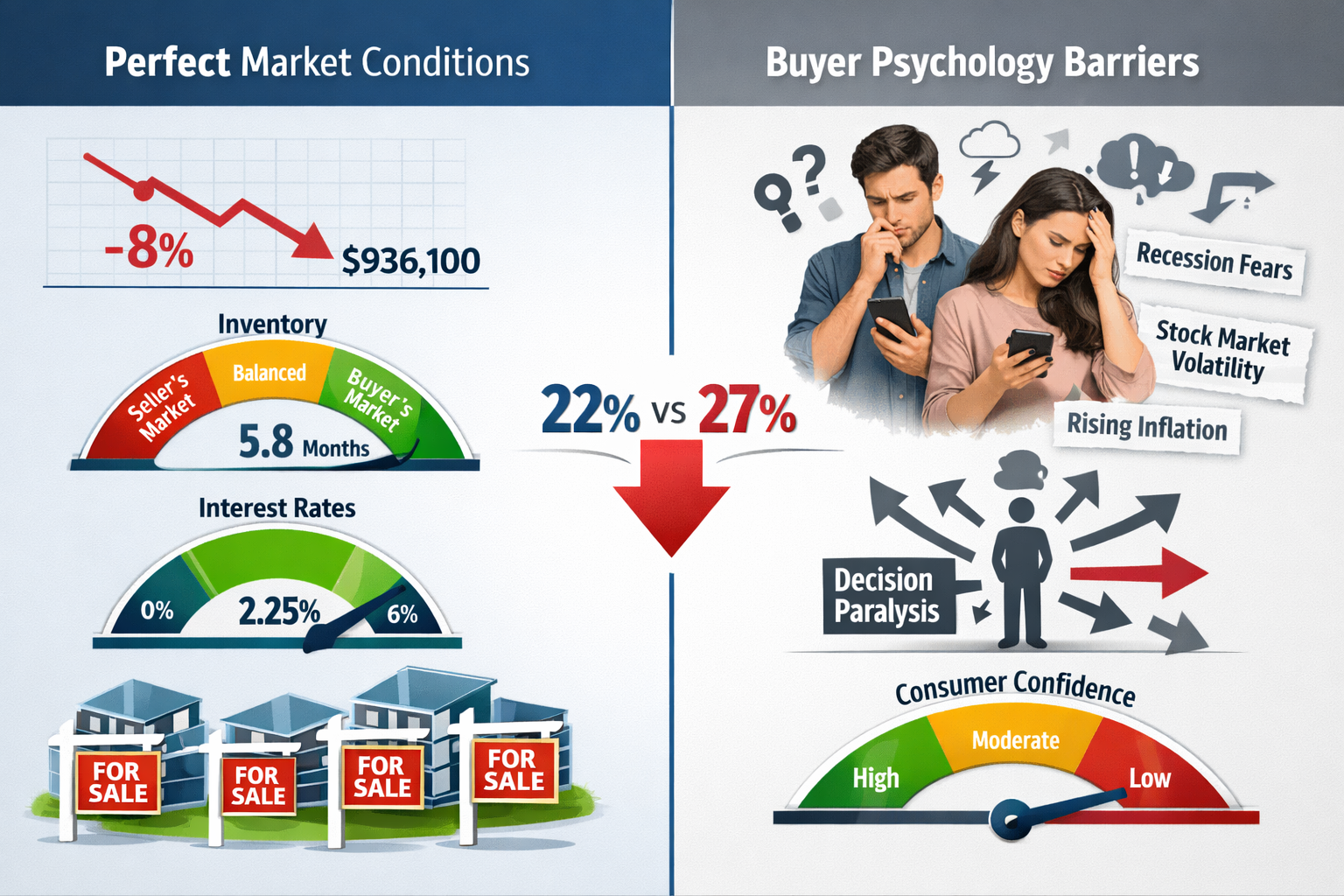 Landscape format (1536x1024) infographic-style image showing split-screen comparison of 'Perfect Market Conditions' versus 'Buyer Psychology