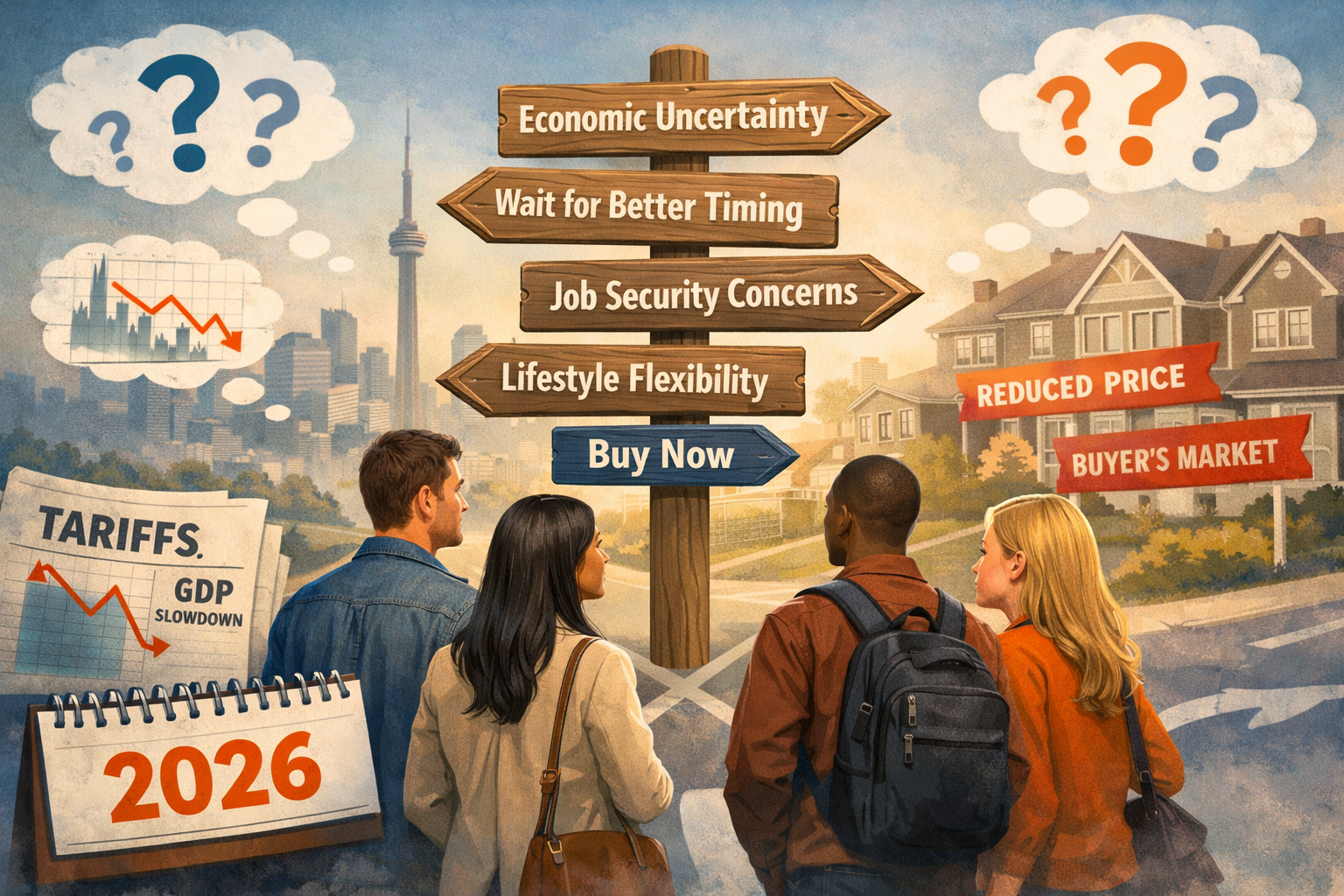 Landscape format (1536x1024) conceptual illustration depicting the psychological journey of first-time GTA homebuyers in 2026. Central image