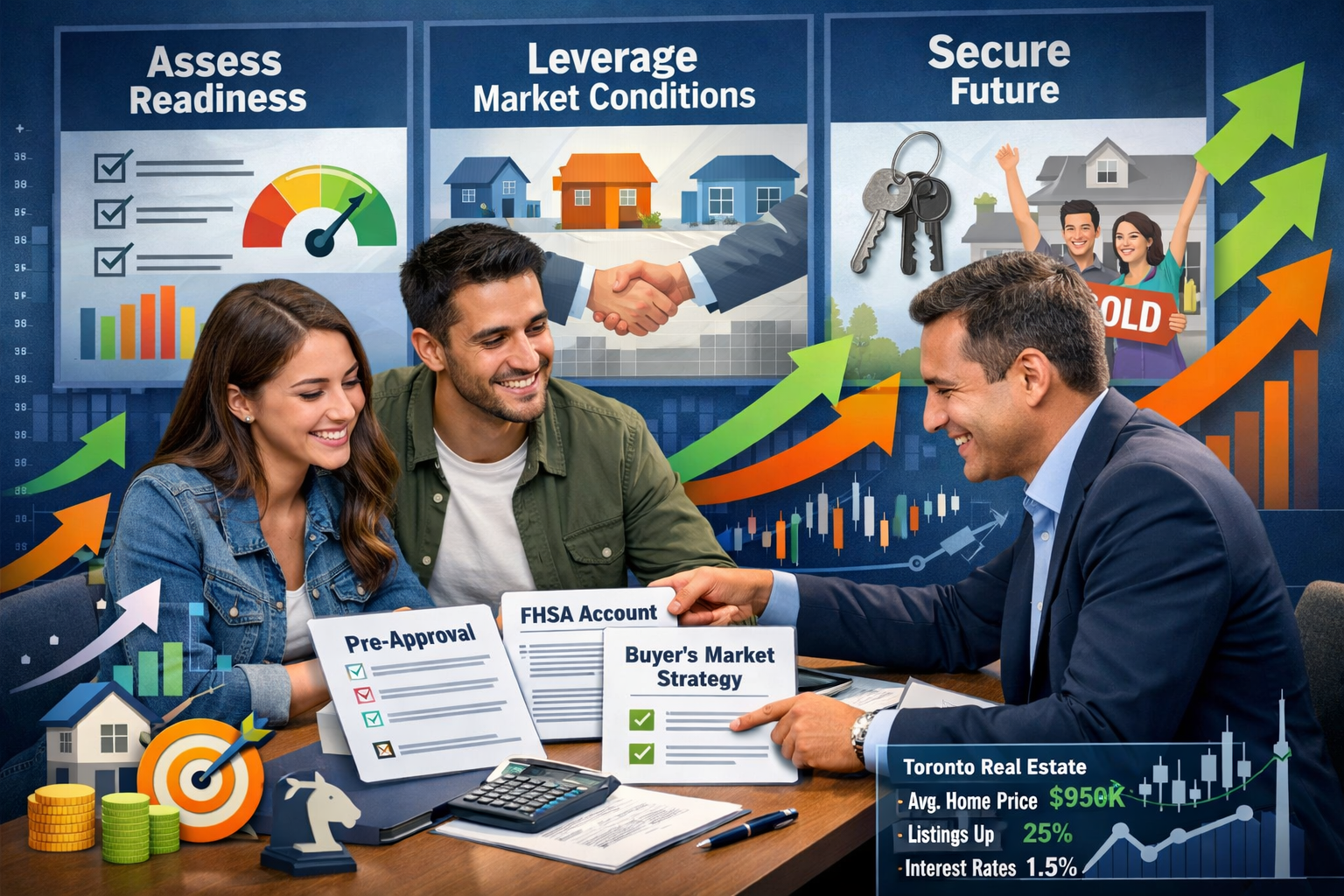 Landscape format (1536x1024) action-oriented image showing empowered first-time buyers taking strategic steps forward. Central focus on conf