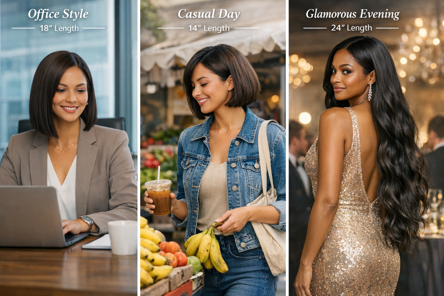 Landscape format (1536x1024) lifestyle comparison image split into three vertical panels showing different daily scenarios. Left panel: prof