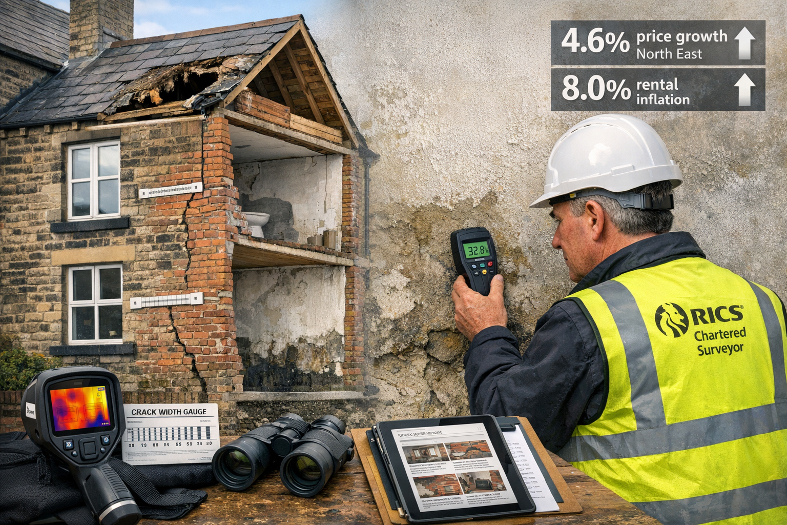 Detailed landscape format (1536x1024) image showing comprehensive building survey scene in Northern England terraced property. Central focus