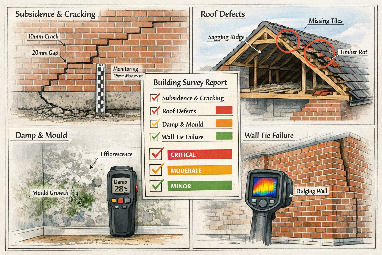 Detailed landscape format (1536x1024) technical illustration showing common structural defects found in Northern England housing stock durin