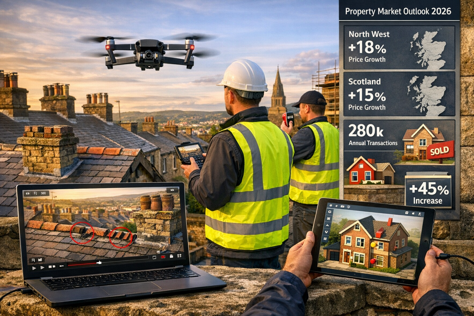 Detailed landscape format (1536x1024) image depicting modern building survey technology applications in Northern England property market. Ce
