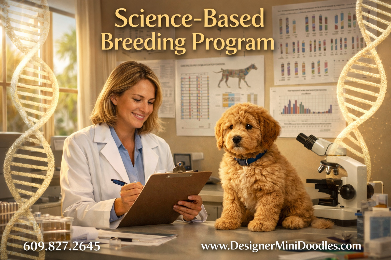 () editorial image showing a professional animal biology laboratory setting with DNA helix graphics overlaid, a female