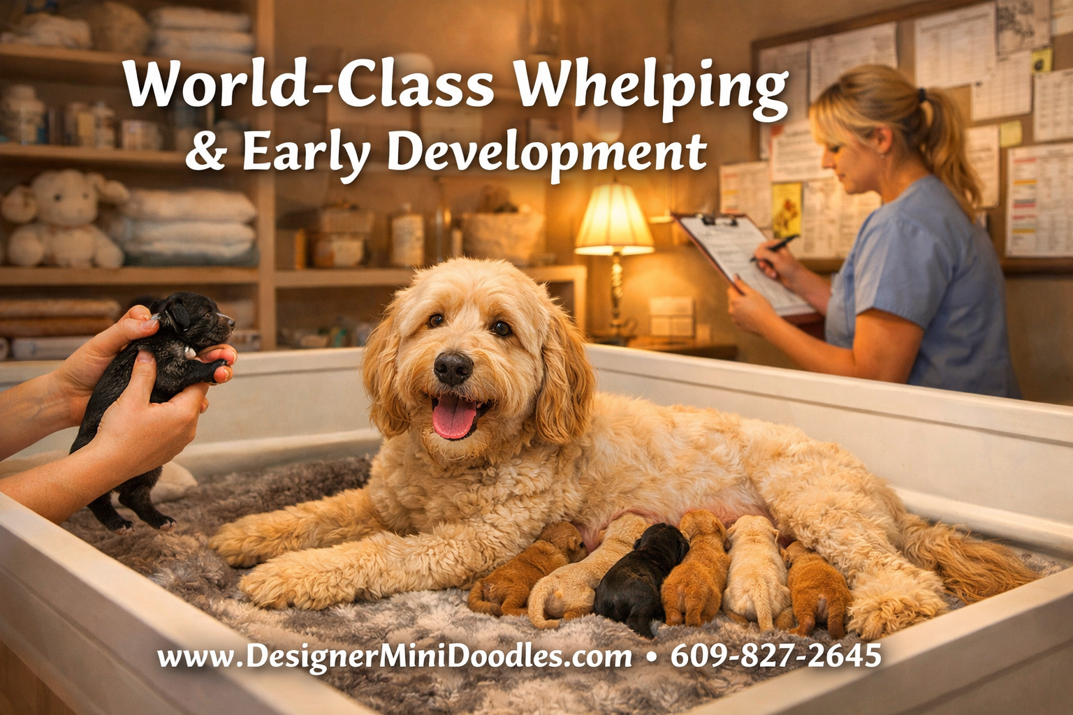 () image showing a warm, organized whelping box with soft bedding. A caring breeder in the background monitoring health