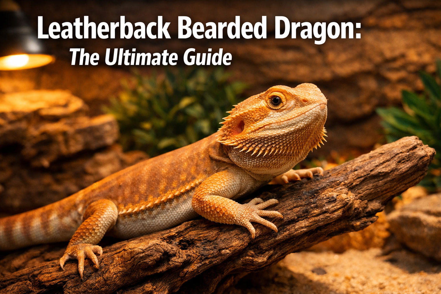 Professional landscape format (1536x1024) hero image featuring a stunning leatherback bearded dragon with smooth, reduced scales prominently