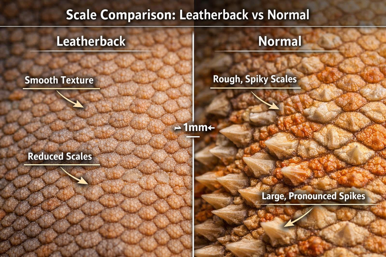 Detailed landscape format (1536x1024) image showing close-up comparison of leatherback bearded dragon scales versus normal bearded dragon sc