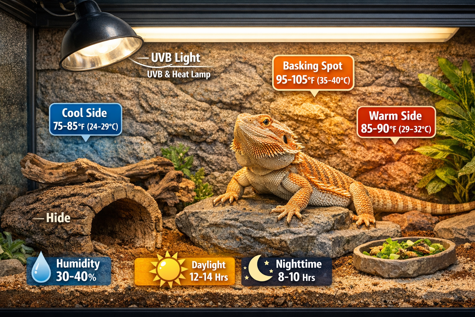 Professional landscape format (1536x1024) image of leatherback bearded dragon care setup showing proper terrarium environment. Features UVB 