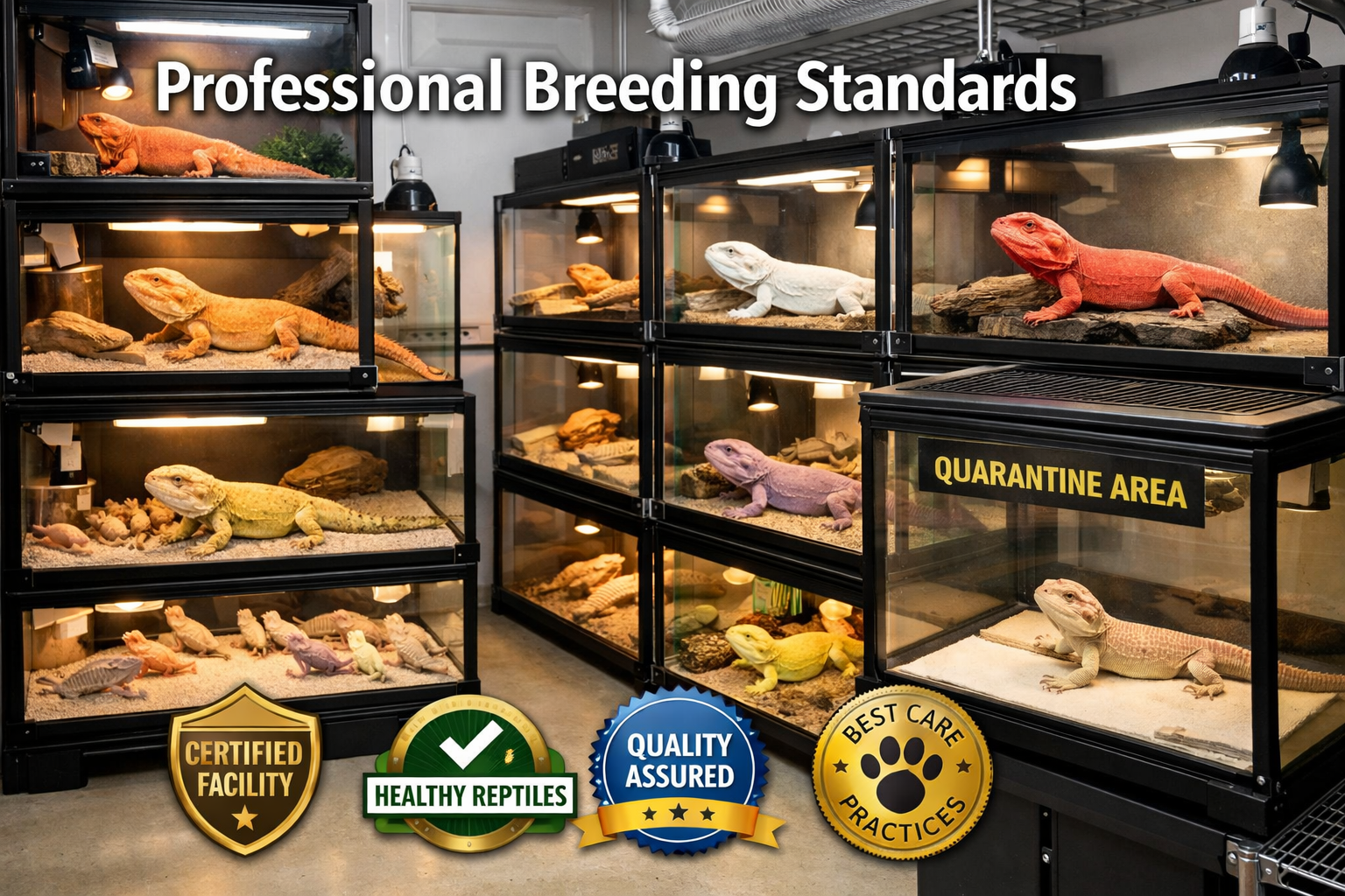 Landscape format (1536x1024) breeding facility image showing professional bearded dragon breeding setup with multiple terrariums housing dif