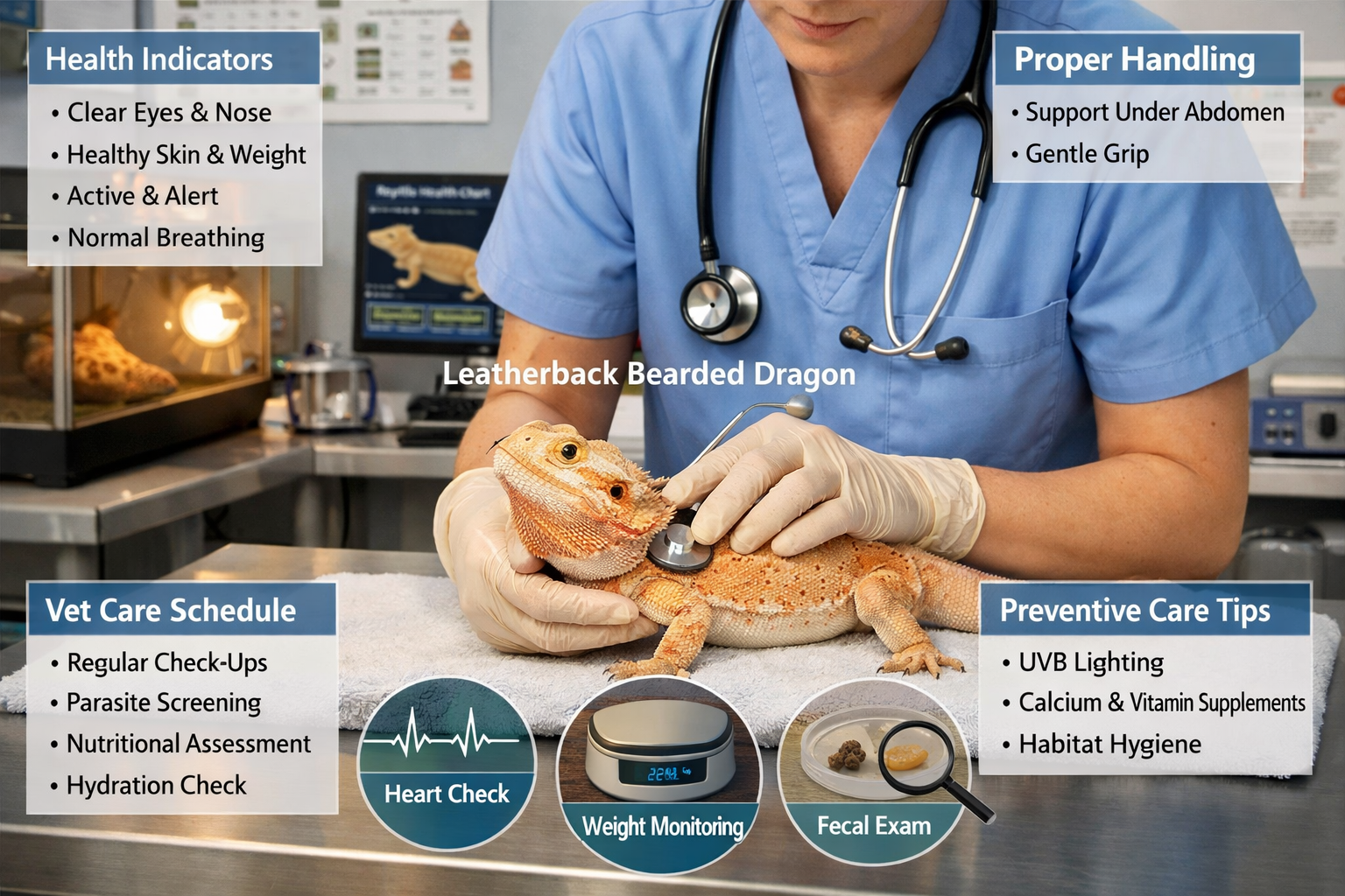 Detailed landscape format (1536x1024) image showing leatherback bearded dragon health monitoring scene with reptile veterinarian examining d