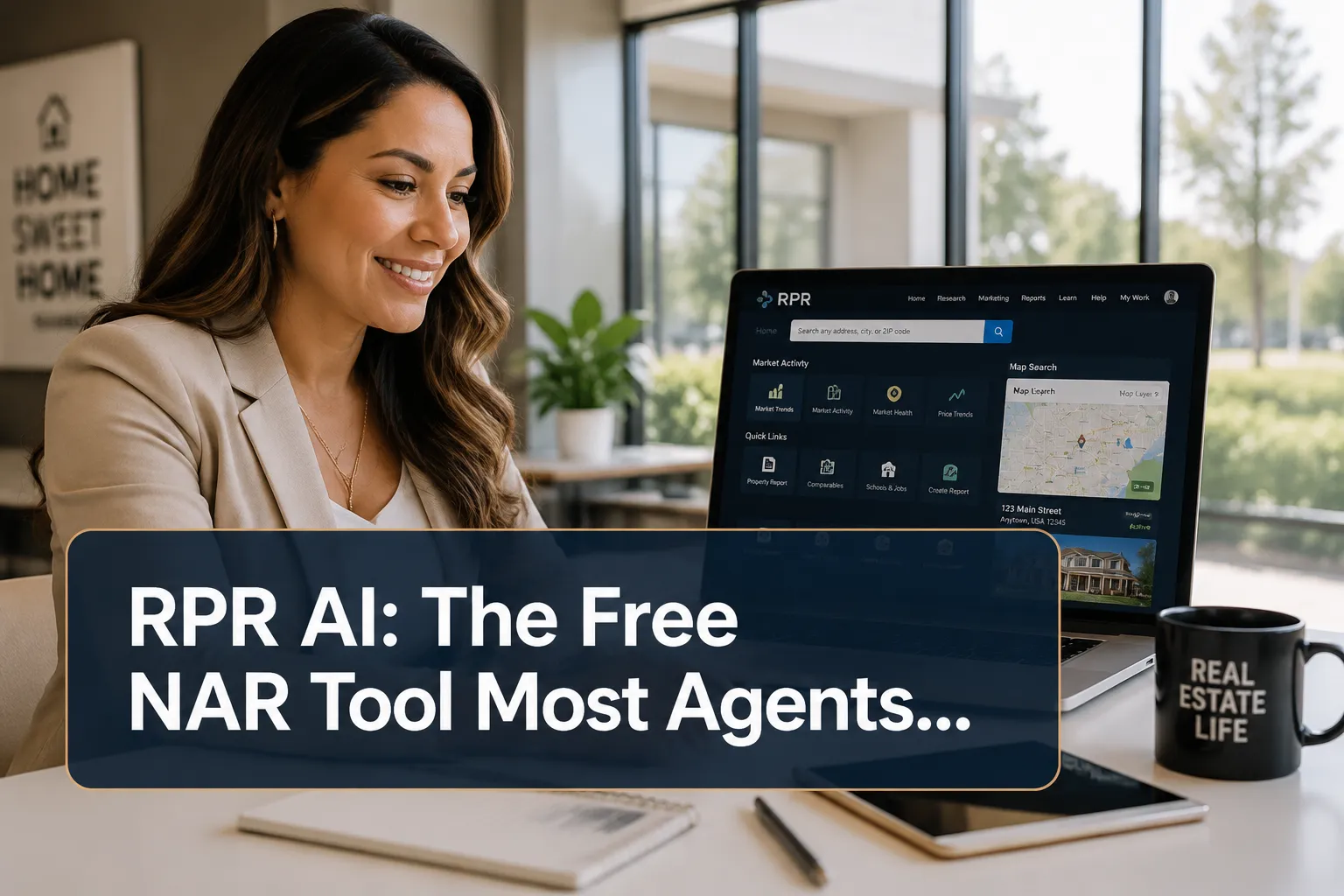 Professional () hero image with 'RPR AI: The Free NAR Tool Most Agents…' (≤42 chars) in crisp white on a semi-transparent