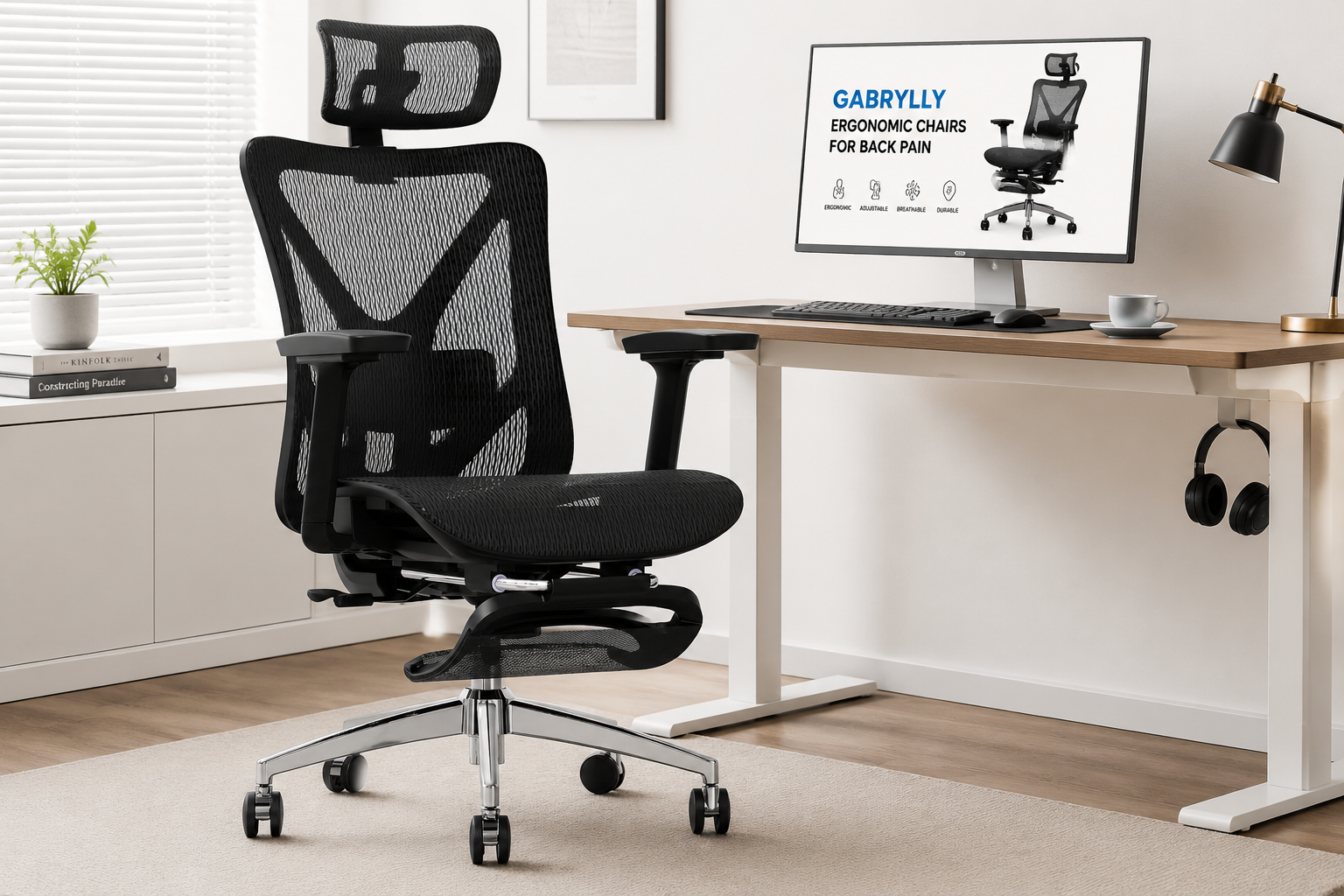 GABRYLLY Ergonomic Chair with Footrest detailed showcase of GABRYLLY Ergonomic Chairs For Back Pain highlighting its main dashboard/interface — full product shot showing the high-back mesh design, headrest, flip-up armrests, and wide cushion seat in a clean office environment