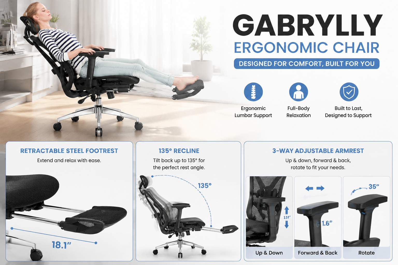 GABRYLLY Ergonomic Chair with Footrest detailed showcase of GABRYLLY Ergonomic Chairs For Back Pain highlighting key features in action — close-up panels showing the retractable steel footrest extended to 18.1 inches, the 135-degree recline position, and the 3-way adjustable armrest controls