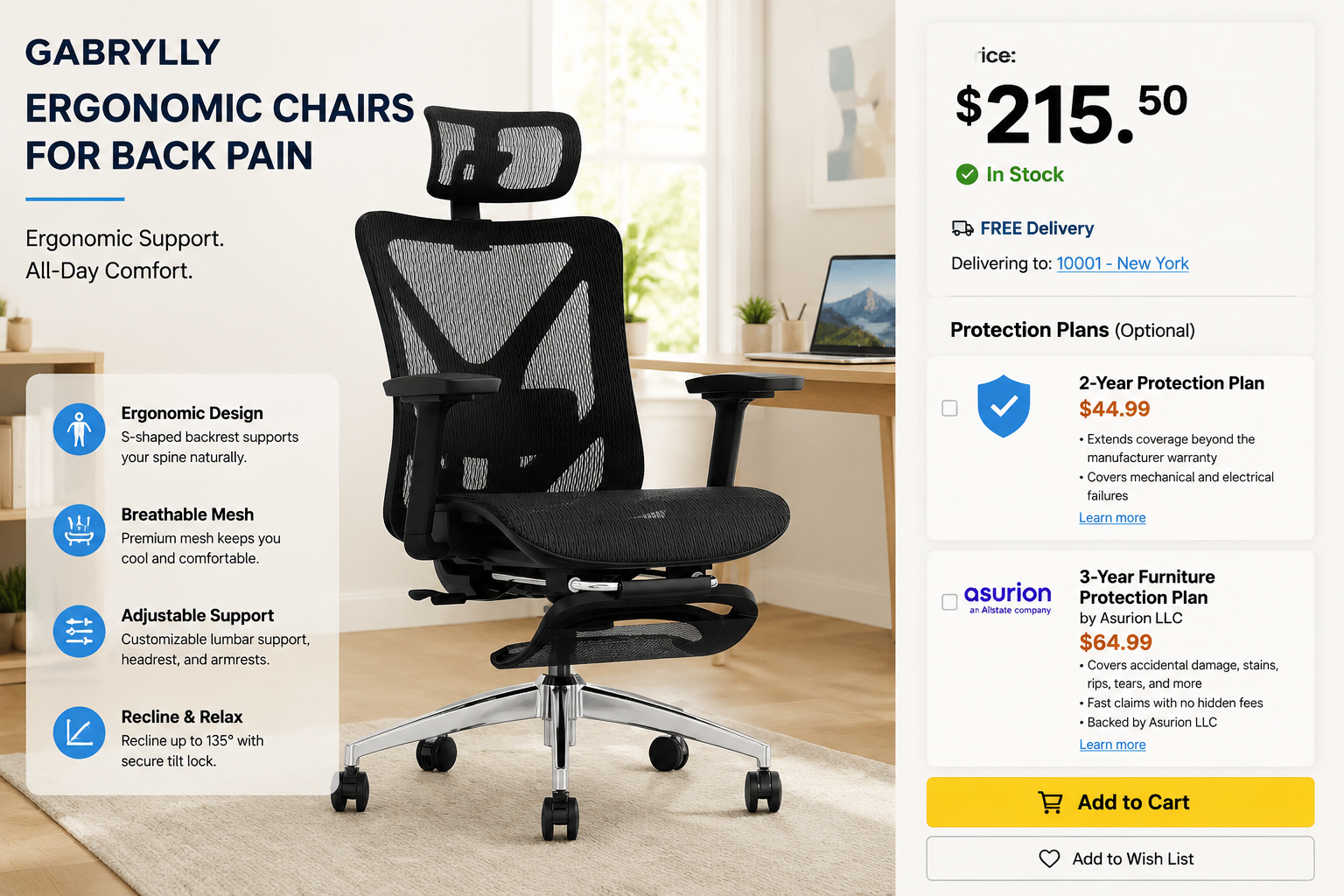 GABRYLLY Ergonomic Chair with Footrest detailed showcase of GABRYLLY Ergonomic Chairs For Back Pain highlighting pricing plans and options — product listing graphic showing the $215.50 base price, optional 2-Year Protection Plan at $44.99, and the 3-Year Furniture Protection Plan offered by Asurion LLC