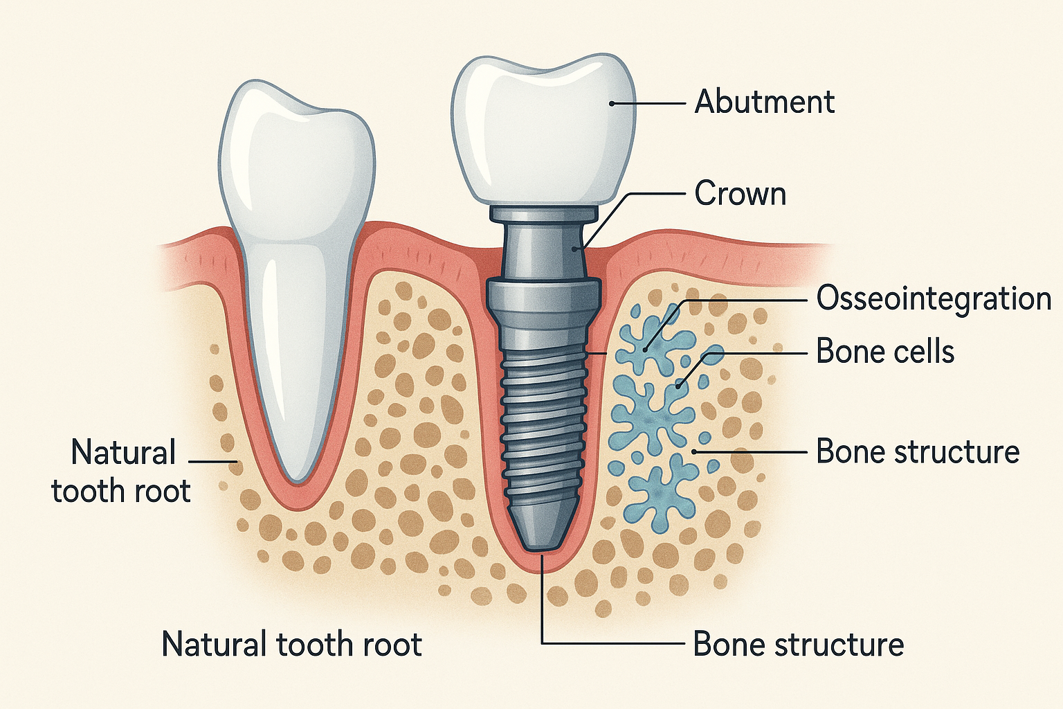 Detailed anatomical illustration (1536x1024) showing comprehensive dental implant diagram with cutaway view of jawbone, featuring labeled co