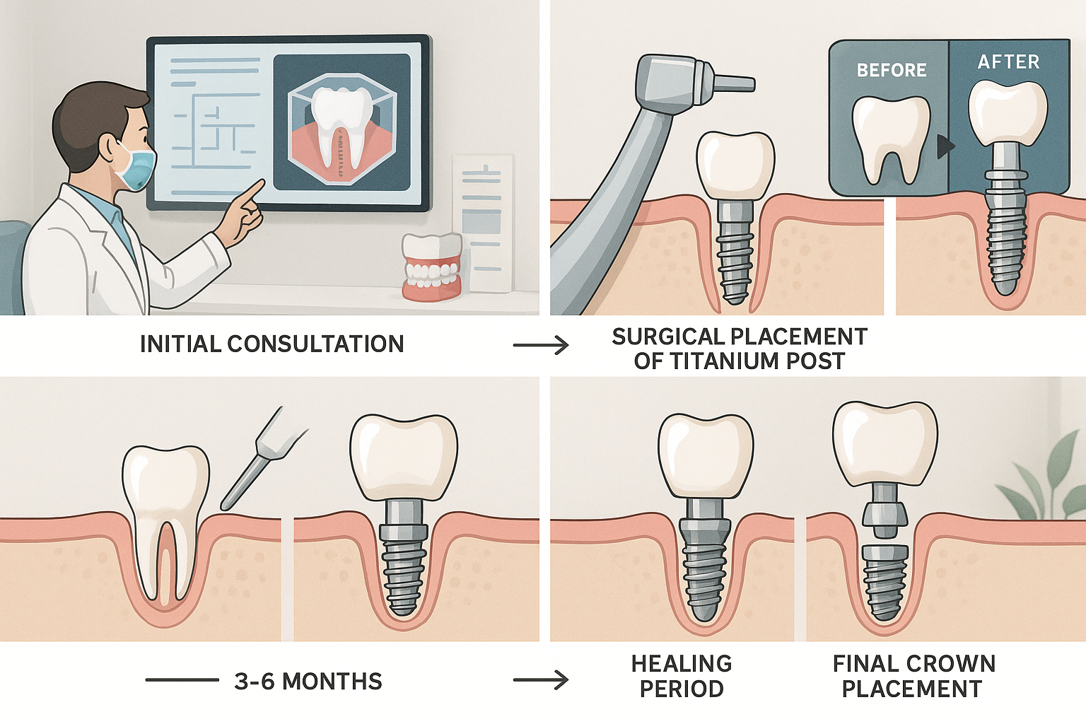 Professional dental procedure visualization (1536x1024) displaying step-by-step dental implant placement process through detailed diagrams. 