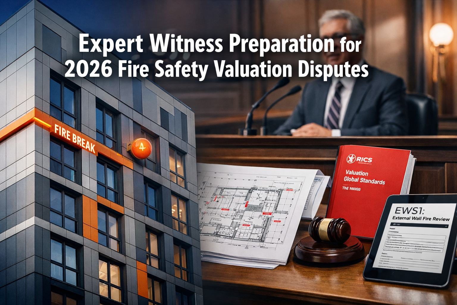 Professional landscape format (1536x1024) editorial hero image featuring bold text overlay 'Expert Witness Preparation for 2026 Fire Safety