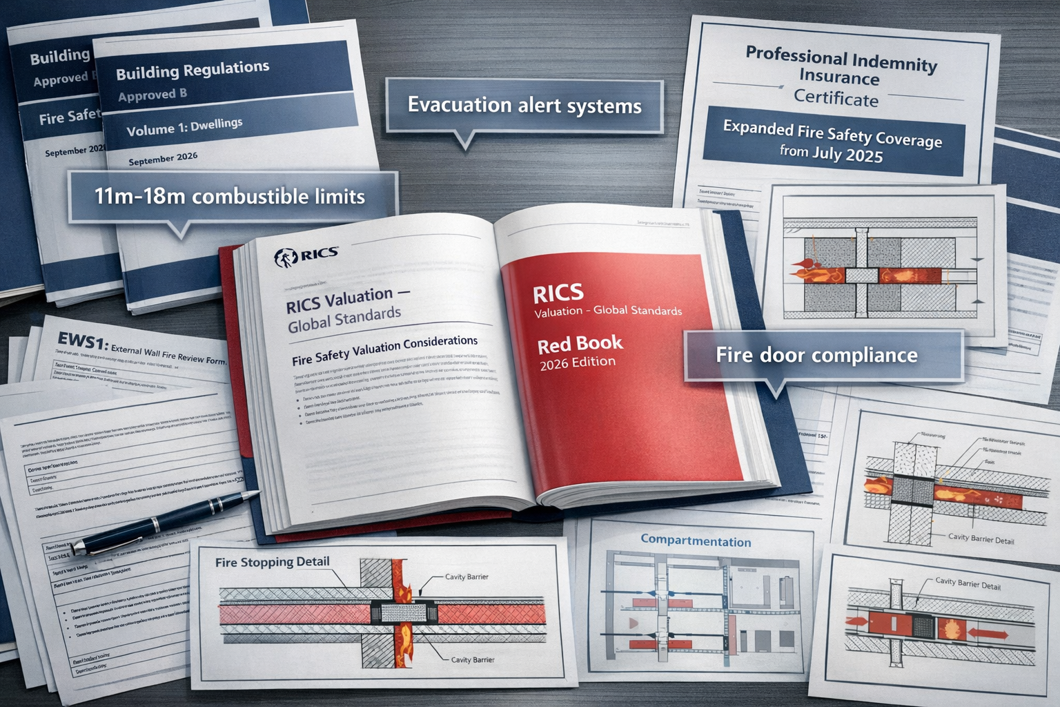 Detailed landscape format (1536x1024) image showing RICS professional standards documentation spread across modern desk surface. Central foc