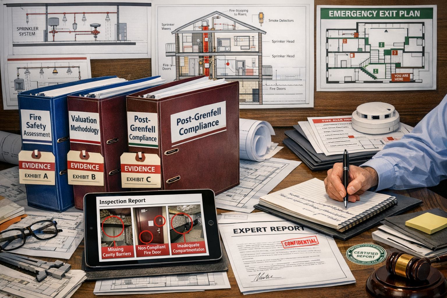 Detailed landscape format (1536x1024) courtroom preparation scene showing expert witness documentation process. Central composition features