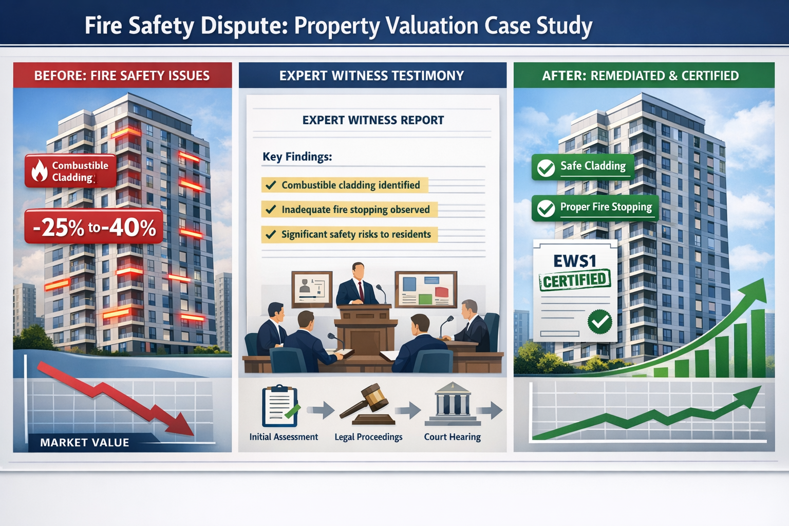 Detailed landscape format (1536x1024) split-screen case study visualization showing before-after property valuation scenarios in fire safety