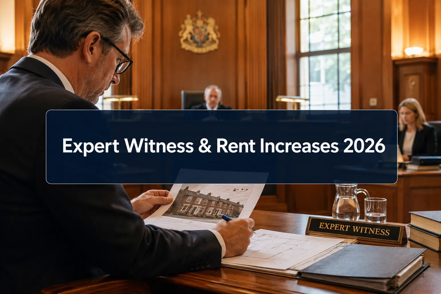 Professional () hero image with (≤42 chars): 'Expert Witness & Rent Increases 2026', crisp white on a deep navy
