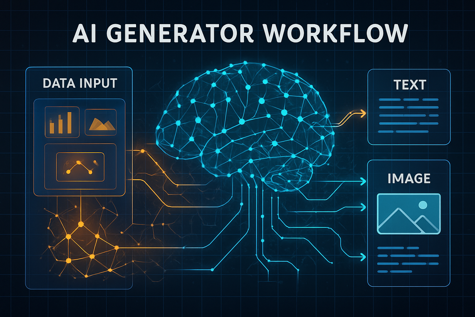 A detailed infographic illustrating the core mechanisms of an AI generator, showing data input, neural network processing, and various outpu