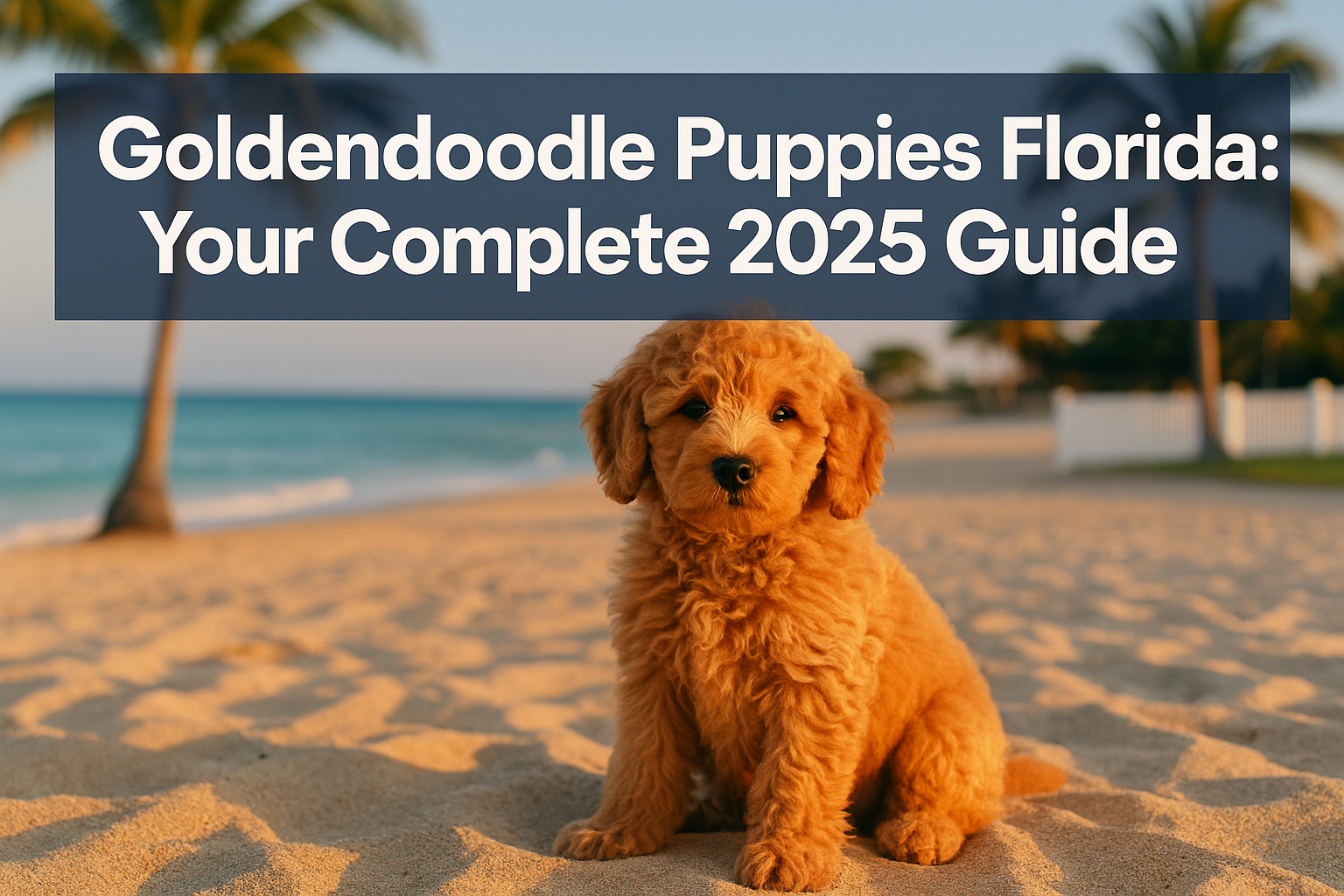 Professional landscape hero image (1536x1024) featuring bold text overlay 'Goldendoodle Puppies Florida: Your Complete 2025 Guide' in extra