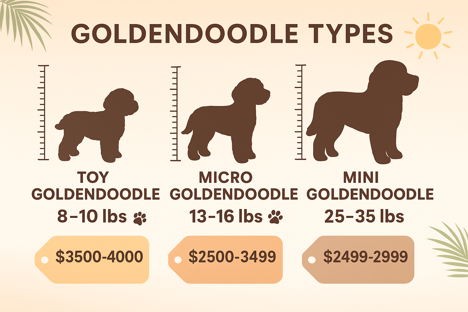Detailed landscape infographic (1536x1024) showing size comparison chart of three goldendoodle types side by side: Toy Goldendoodle (8-10 lb