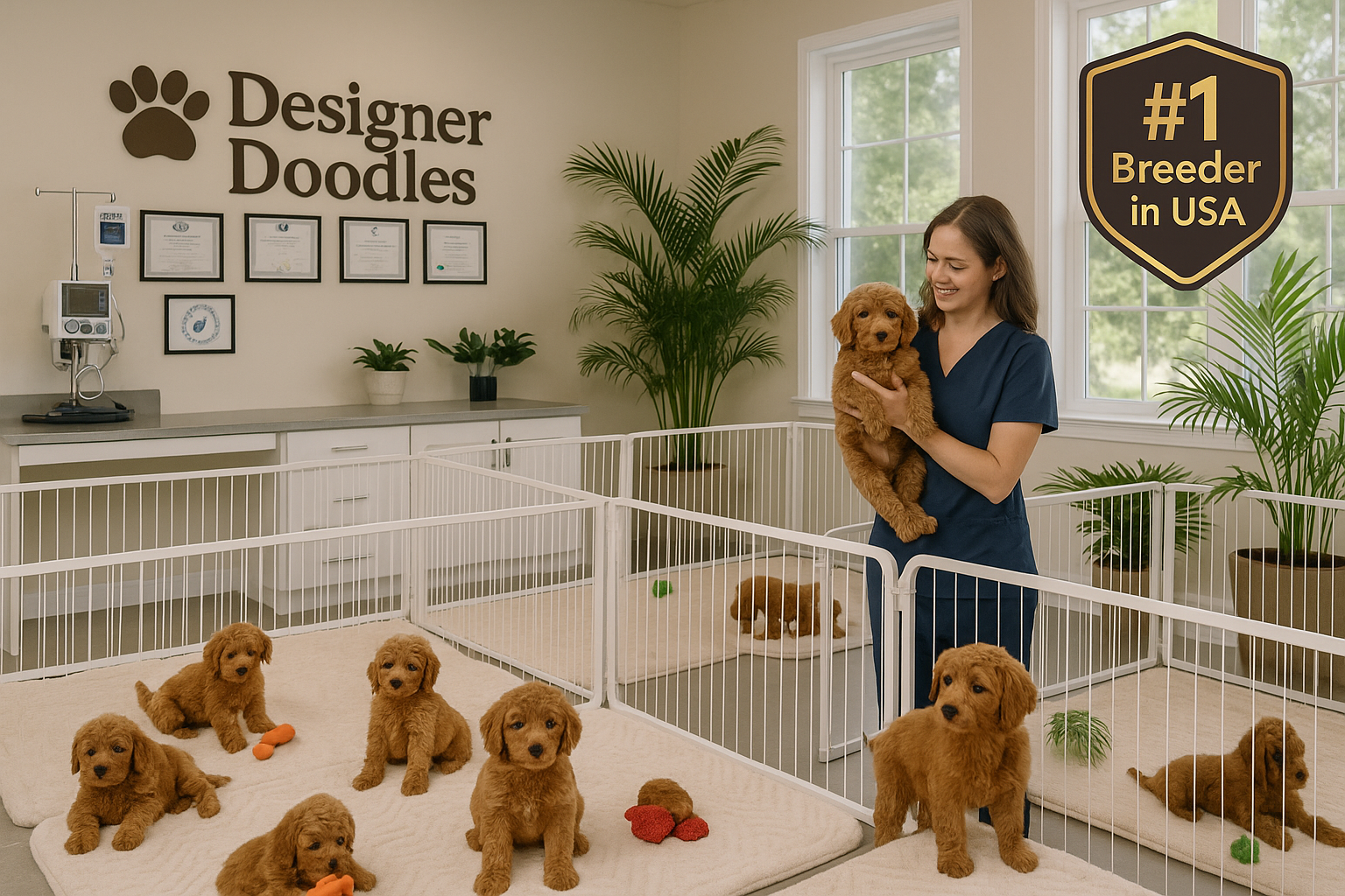 High-quality landscape photograph (1536x1024) of Designer Doodles breeding facility in Florida showing clean, spacious puppy nursery with mu