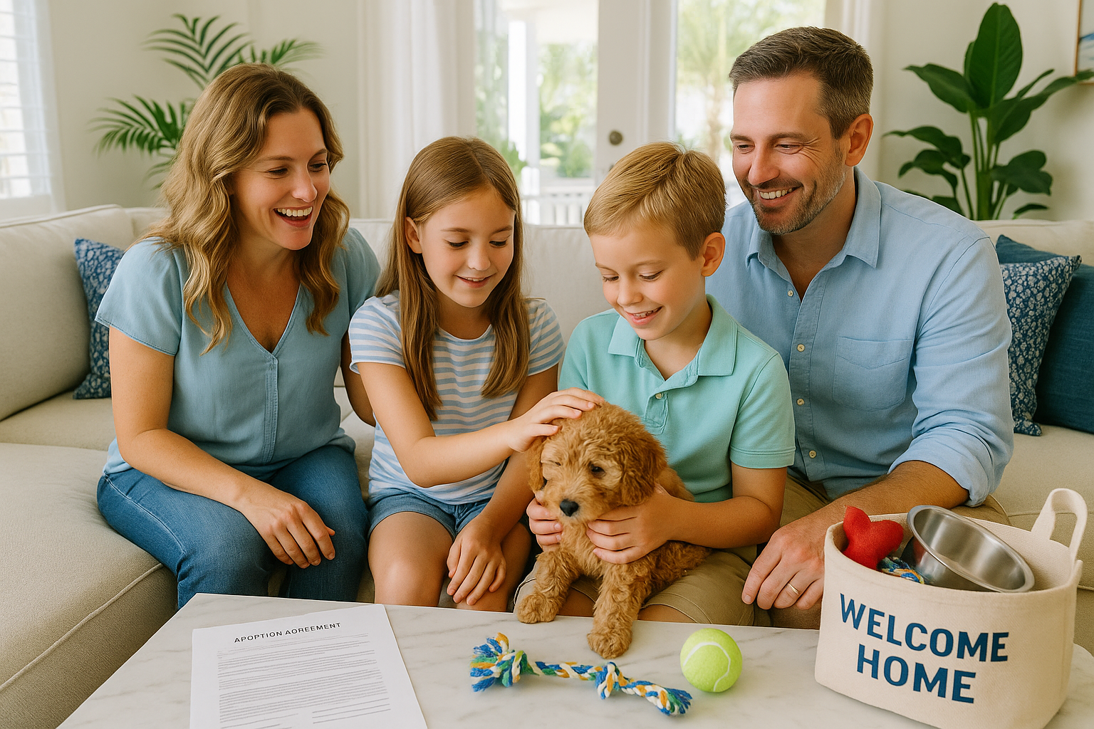 Lifestyle landscape photograph (1536x1024) of happy Florida family in modern living room meeting their new toy goldendoodle puppy for first