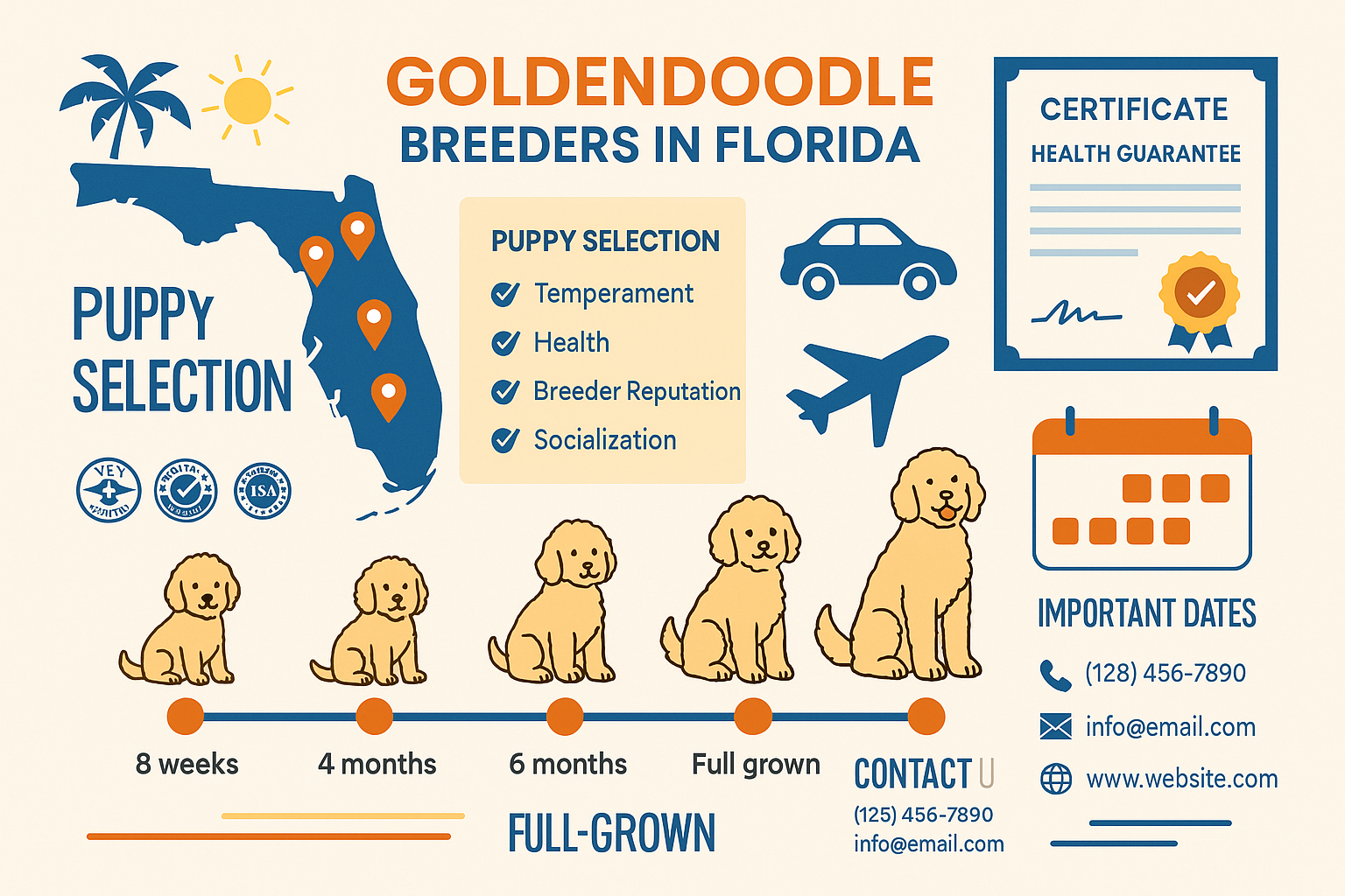 Educational landscape infographic (1536x1024) displaying Florida map with location pins for goldendoodle breeders, checklist graphic showing