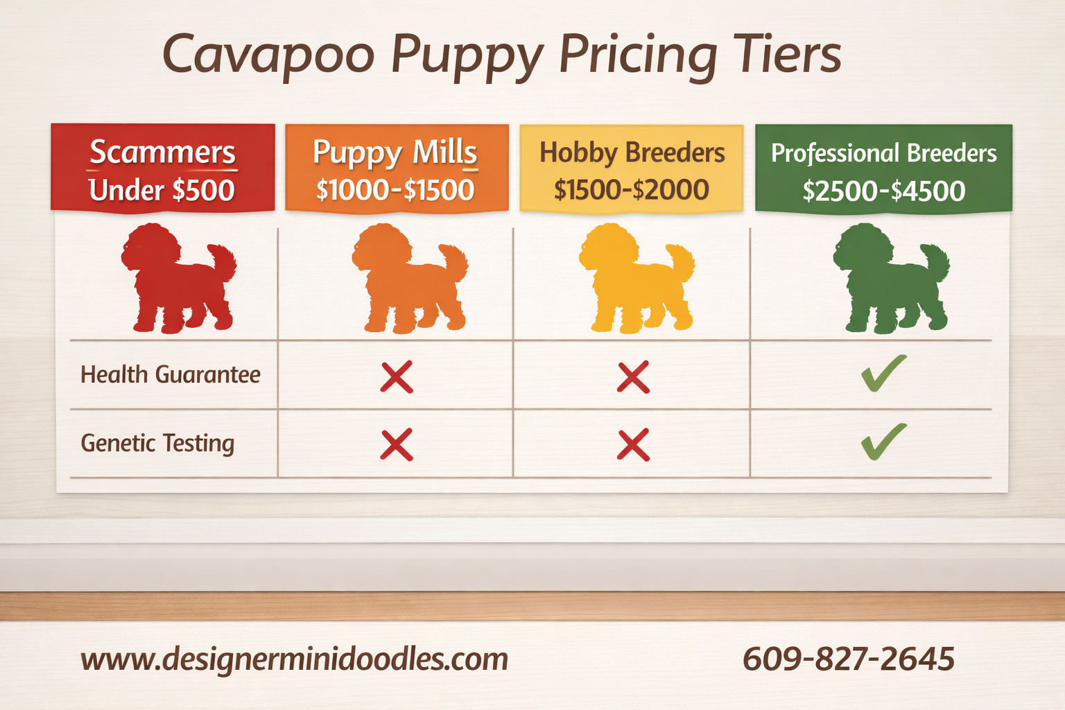 () infographic-style image showing a comparison chart of Cavapoo puppy pricing tiers with four columns: Scammers under $500