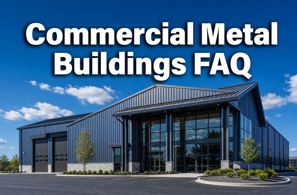 Professional () hero image with : 'Commercial Metal Buildings FAQ' in extra large white with dark drop , centered