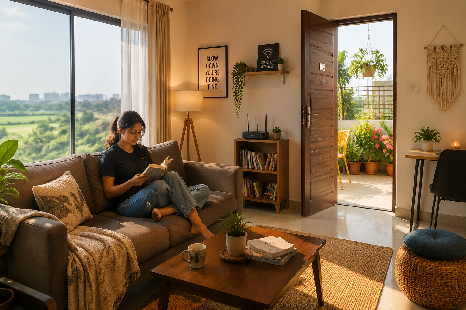 () image depicting the interior of a cozy, budget-friendly Airbnb near Gurgaon's outskirts, specifically highlighting a