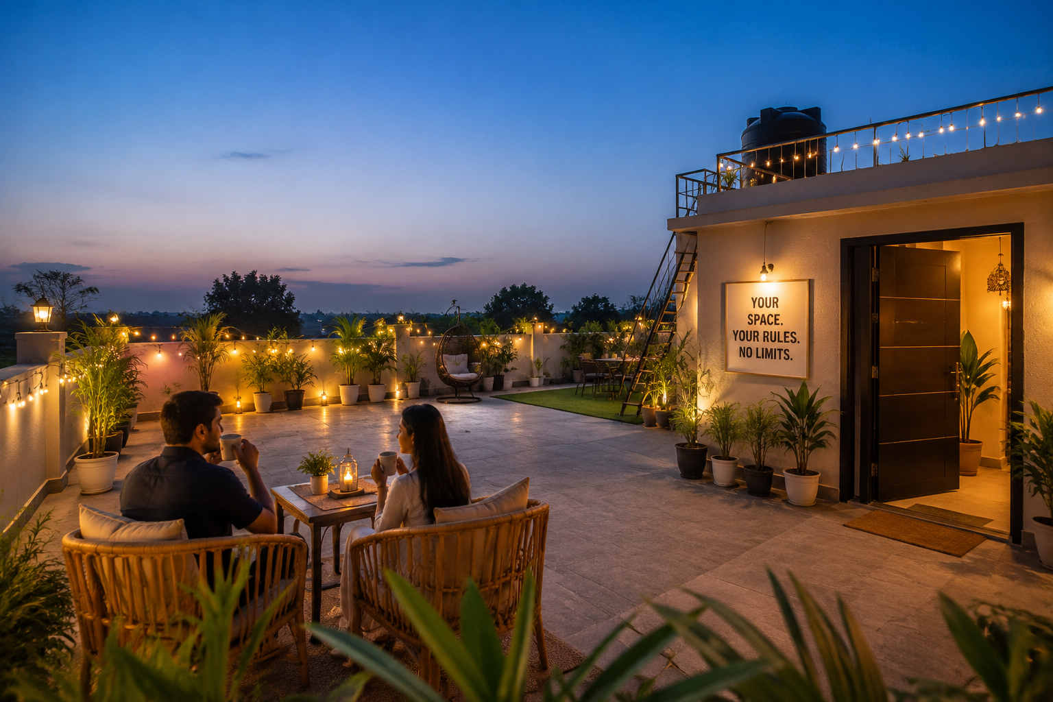 () image focusing on the outdoor terrace area of a budget-friendly Airbnb near Gurgaon's outskirts, featuring a couple