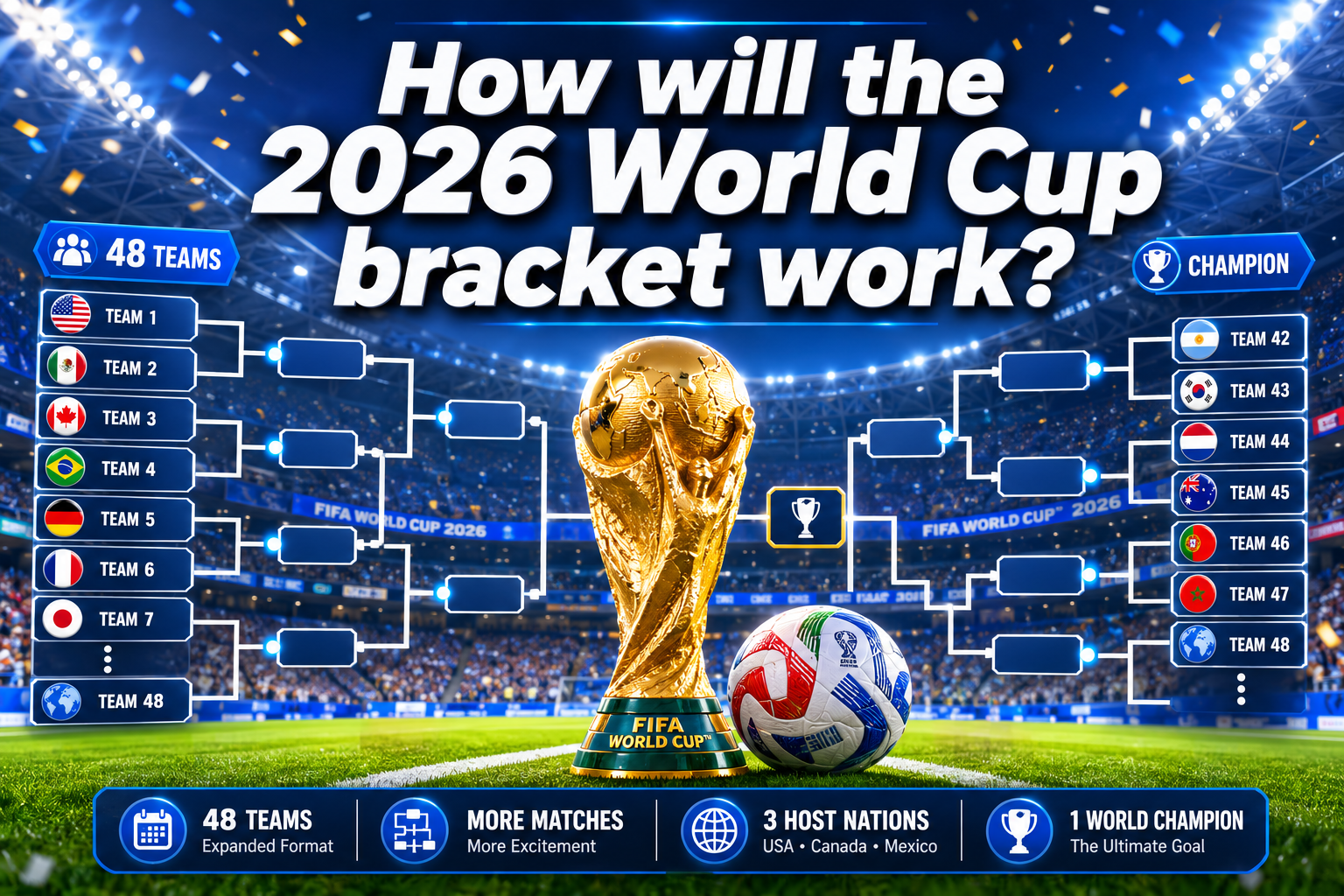 Professional () hero image featuring 'How will the 2026 World Cup bracket work?' in extra large white with dark , centered