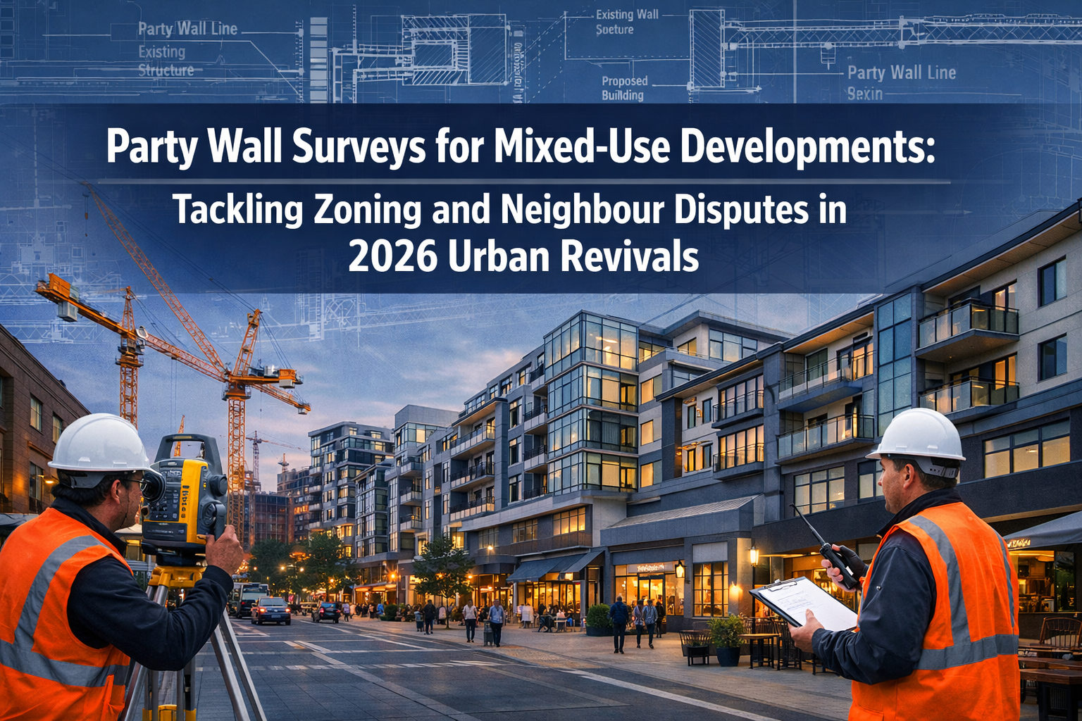 Professional landscape format (1536x1024) hero image featuring bold text overlay 'Party Wall Surveys for Mixed-Use Developments: Tackling Zo