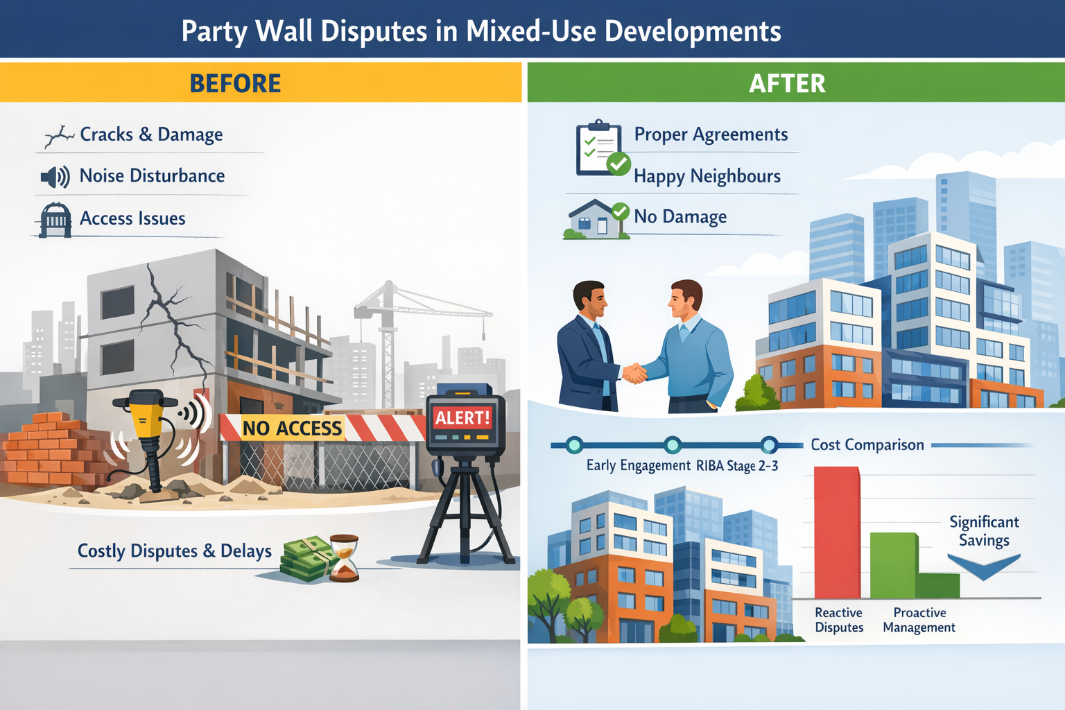 Professional landscape format (1536x1024) infographic-style image displaying common party wall disputes in mixed-use developments, split-scr