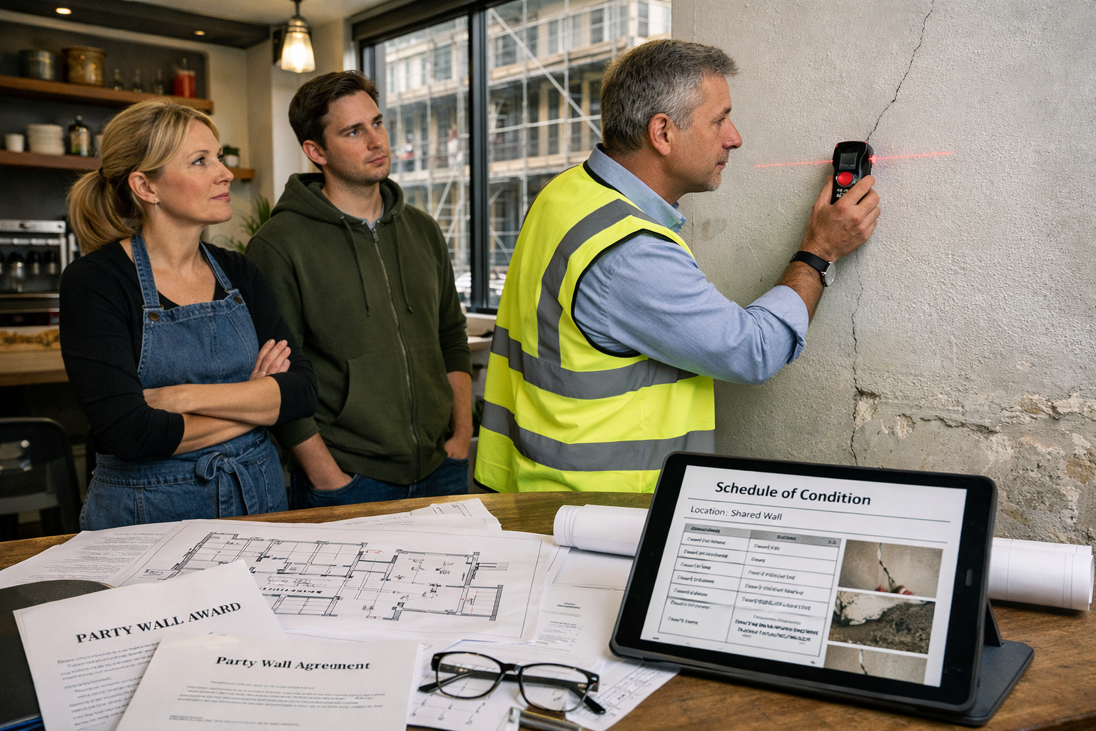Detailed landscape format (1536x1024) image showing professional party wall surveyor conducting inspection in mixed-use development, surveyo