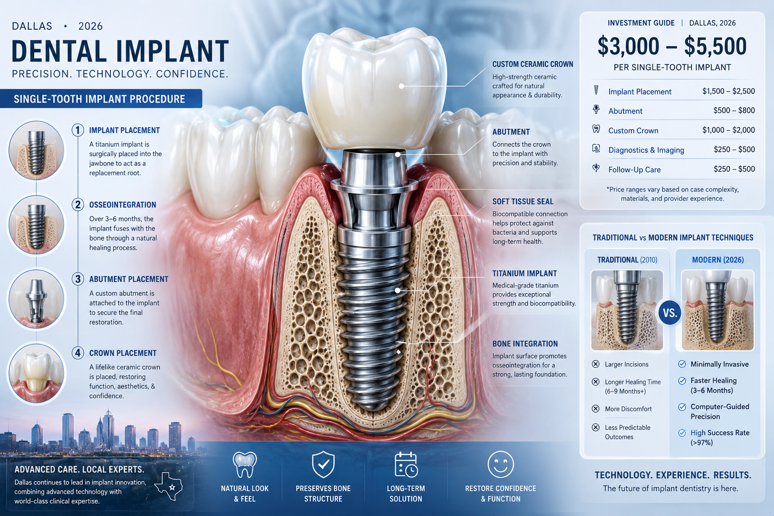 Detailed cross-sectional medical illustration of a single-tooth dental implant procedure in Dallas, 2026. Transparent