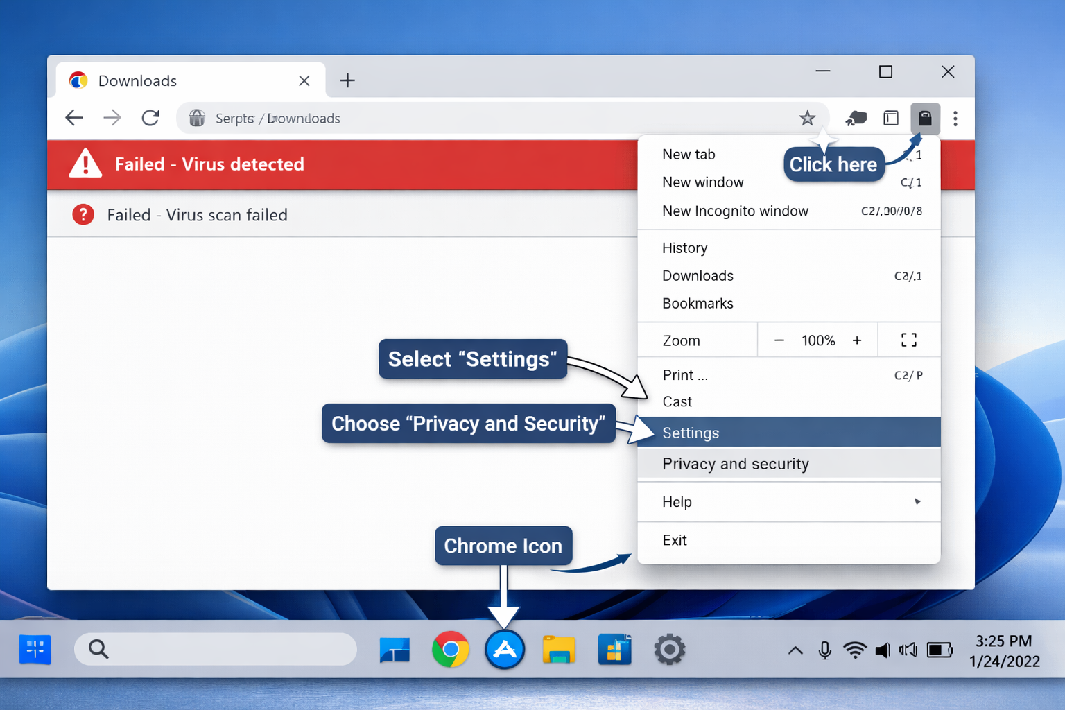 Detailed landscape image (1536x1024) showing Windows 11 desktop screen with Chrome browser displaying 'Failed Virus Detected' error message