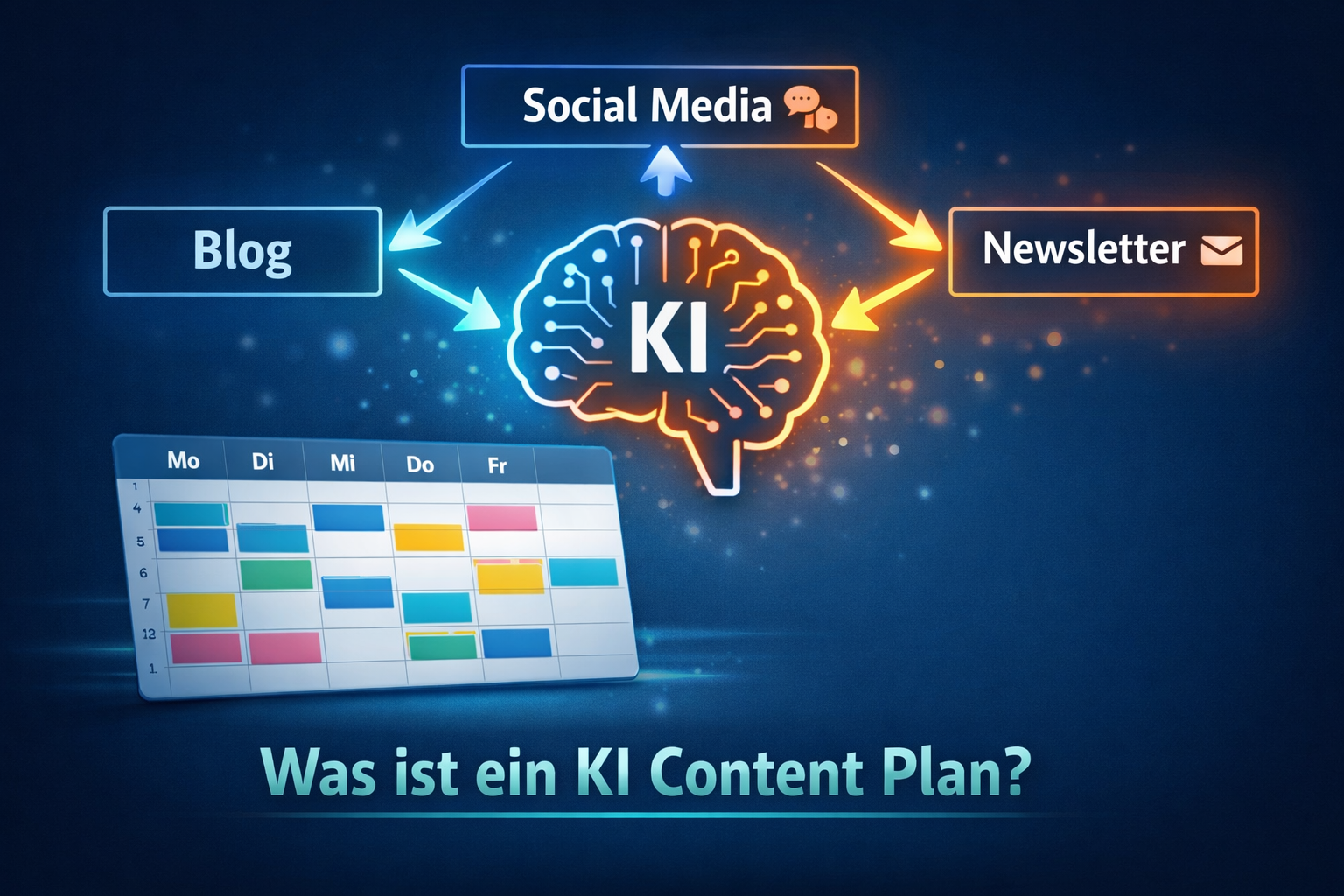 () concept illustration showing a glowing AI brain icon connected by animated arrows to content blocks labeled 'Blog',