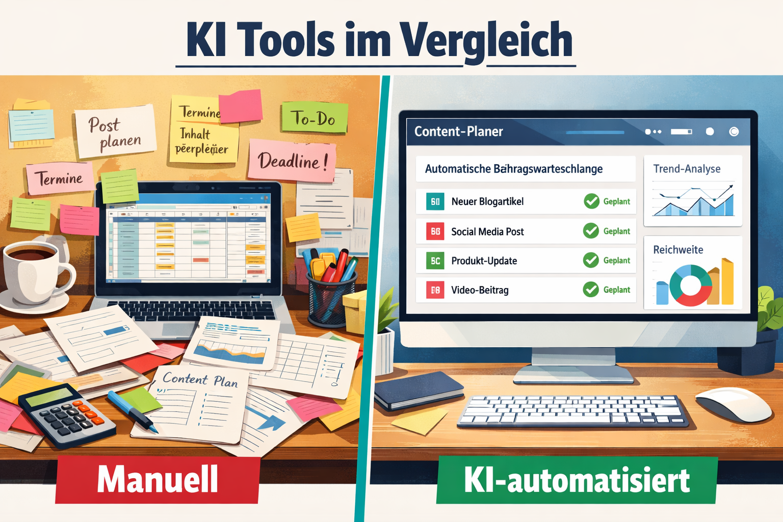 () split-screen comparison visual. Left side shows a cluttered desk with sticky notes and manual spreadsheets labeled