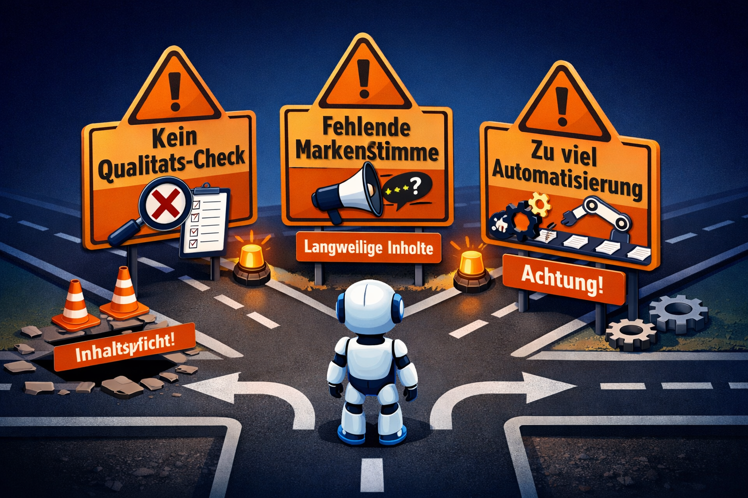 () isometric 3D illustration of common content automation mistakes visualized as warning signs on a digital road. Icons show