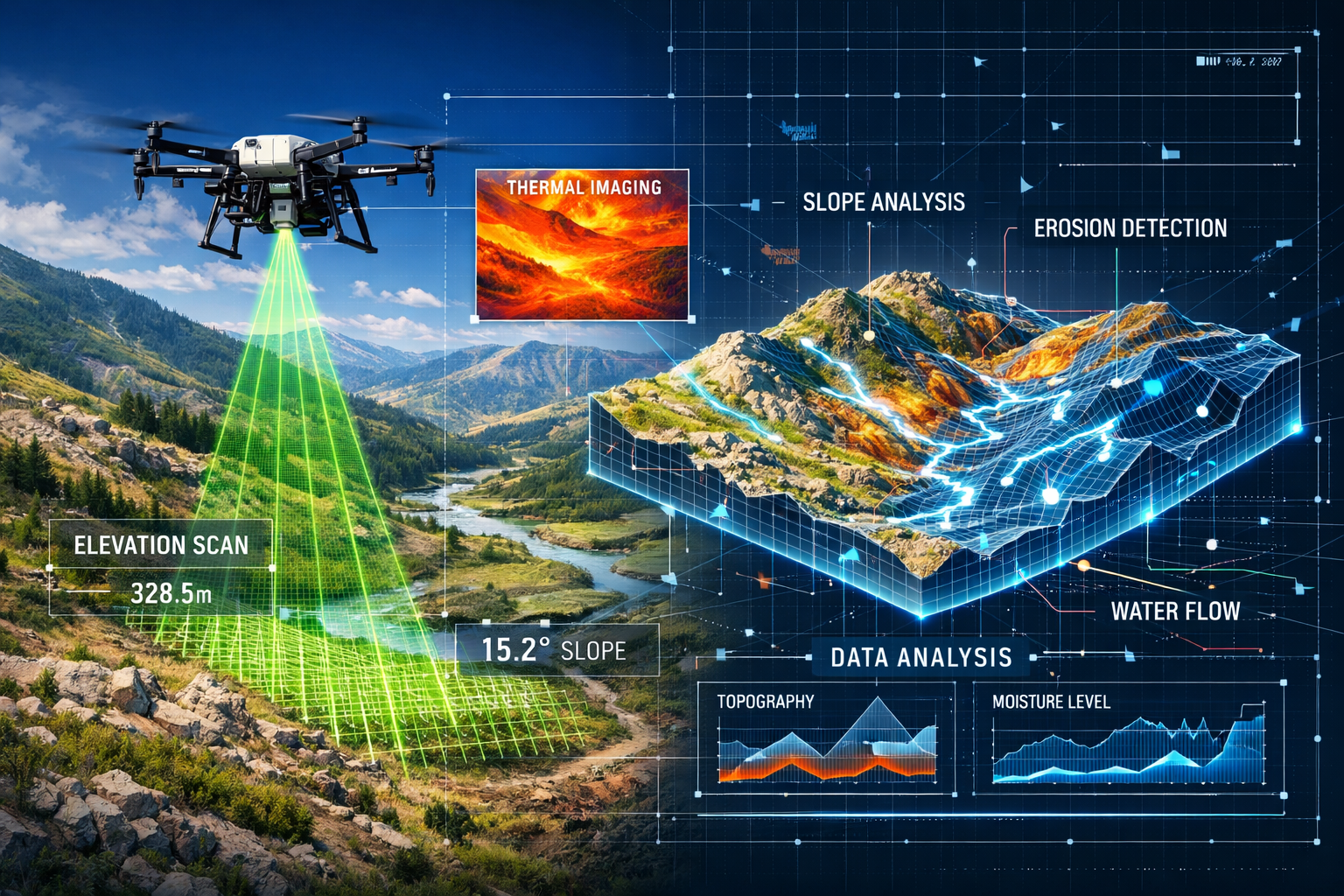 Landscape format (1536x1024) detailed illustration showing autonomous drone with multiple sensors hovering over undulating terrain, capturin
