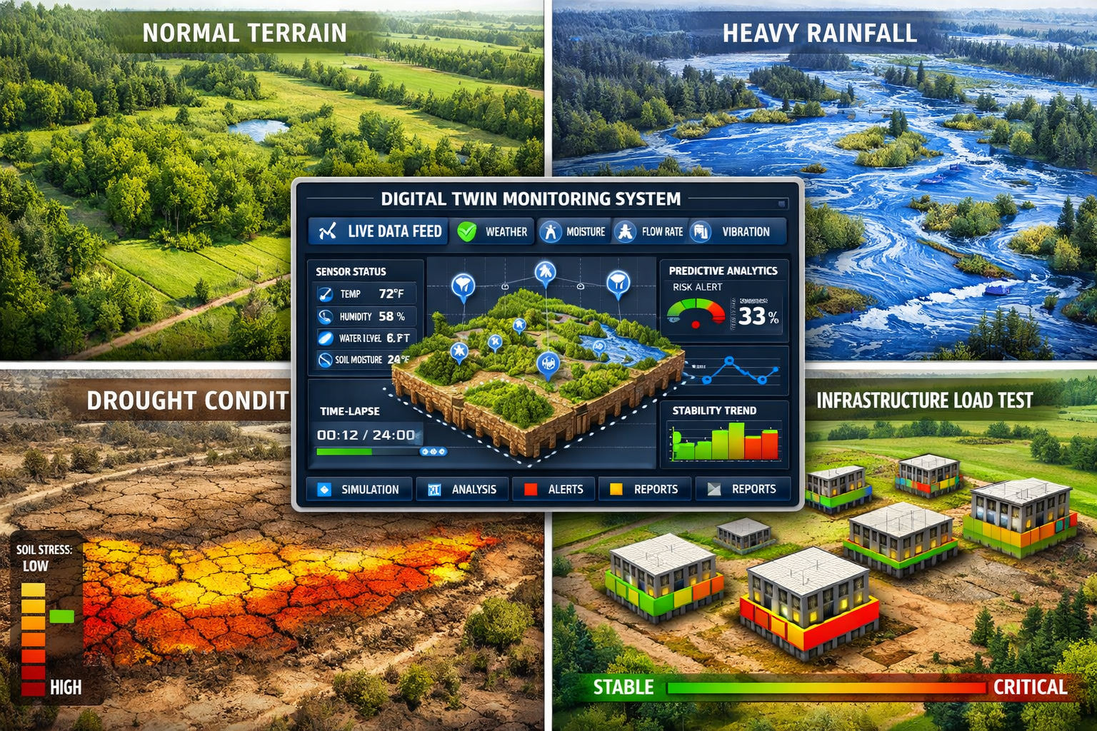 Landscape format (1536x1024) comprehensive visualization showing four-panel comparison of same land parcel under different simulated conditi