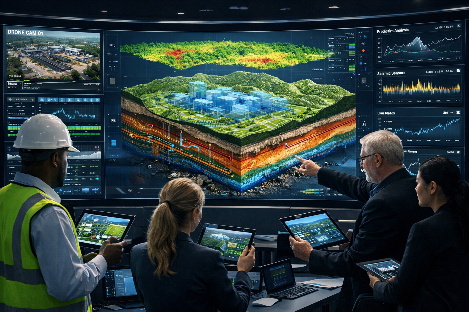 Landscape format (1536x1024) futuristic command center scene showing large curved display wall with multiple 3D digital twin land models rot