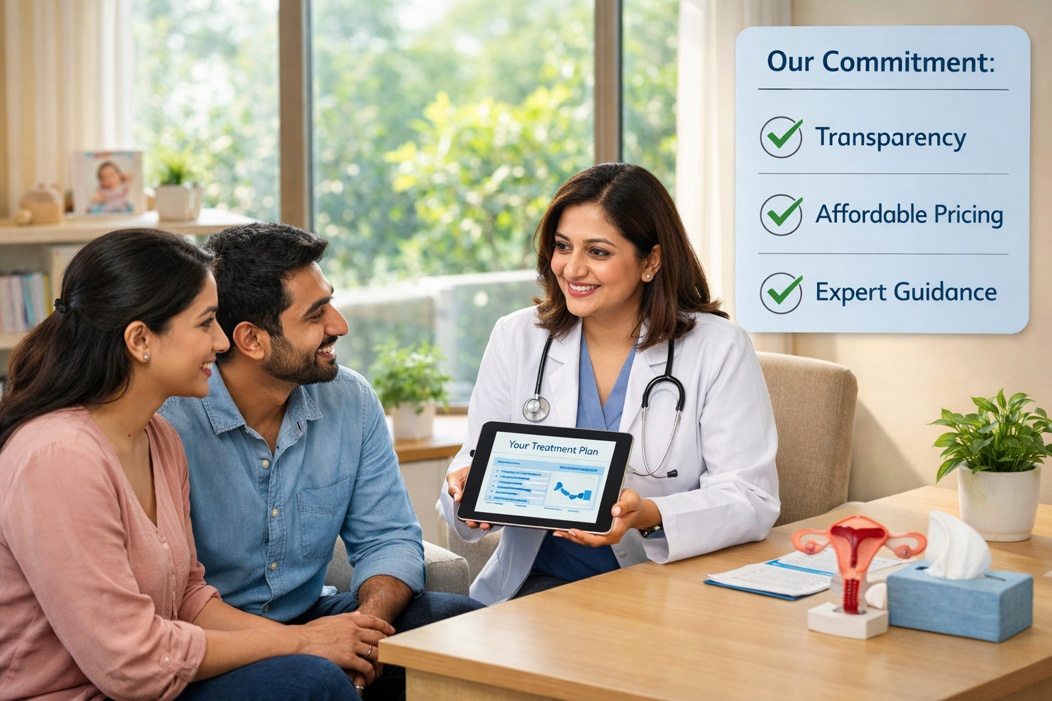 A welcoming, compassionate consultation room at a top-rated Gurgaon fertility clinic where a professional female doctor is